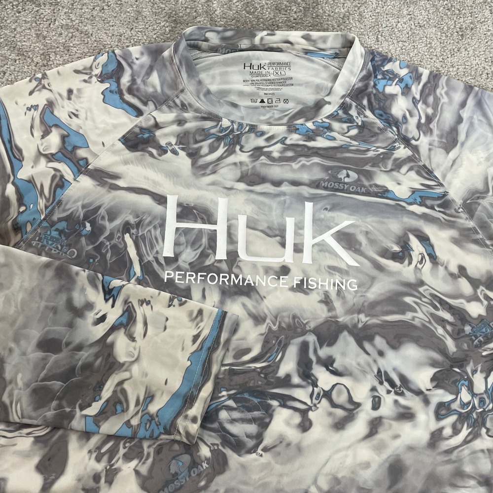 Huk Shirt Mens Extra Large Mossy Oak Fishing Performance Grey Blue Camo